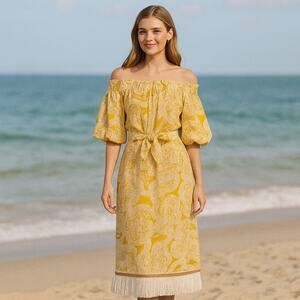 The Nat Note X Antonio Melani SZ 0 Raney Midi Dress Off Shoulder A-Line Linen